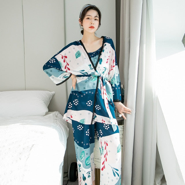 The Printed Calf length Pajama 3 Piece Set Women-Original Pajamas