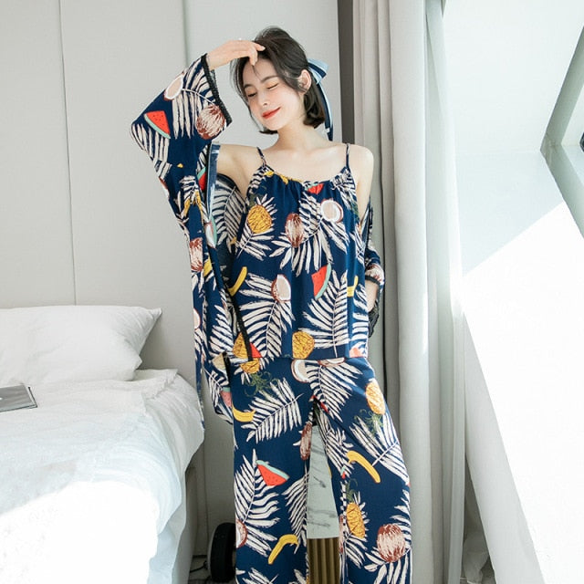 The Printed Calf length Pajama 3 Piece Set Women-Original Pajamas