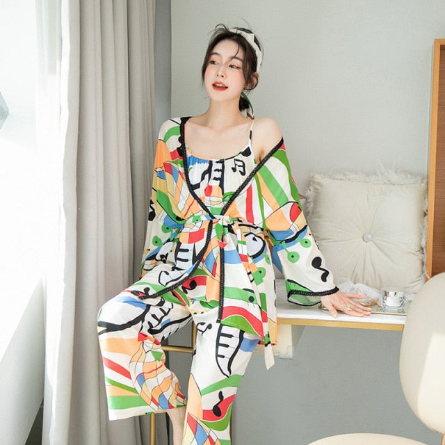The Printed Calf length Pajama 3 Piece Set Women-Original Pajamas
