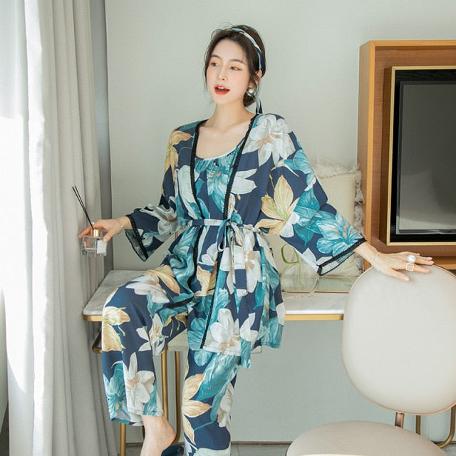 The Printed Calf length Pajama 3 Piece Set Women-Original Pajamas