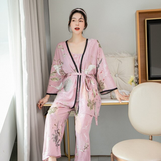 3 Piece Cotton Printed Sleepwear Lace Spring Collection With Robe-Original Pajamas