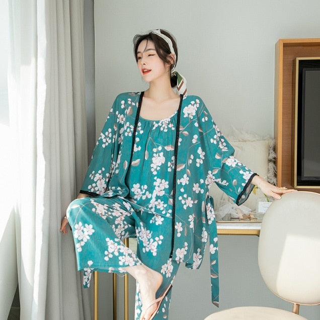 The Printed Calf length Pajama 3 Piece Set Women-Original Pajamas