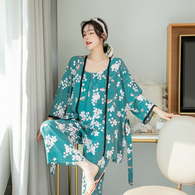 3 Piece Cotton Printed Sleepwear Lace Spring Collection With Robe-Original Pajamas