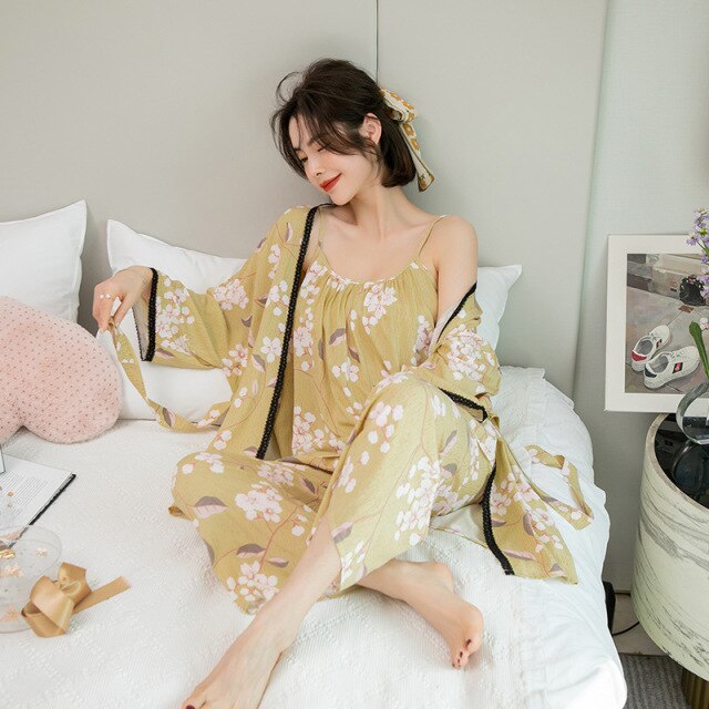 3 Piece Cotton Printed Sleepwear Lace Spring Collection With Robe-Original Pajamas
