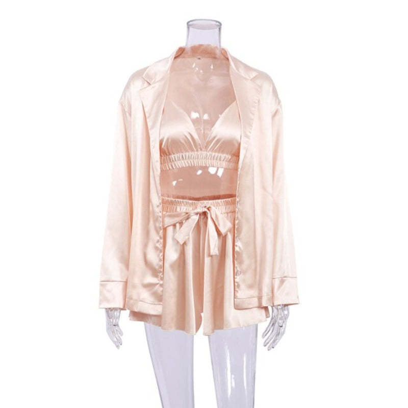 Women 3 Pieces Pajamas Crop Top Shorts Sleepwear Luxury-Original Pajamas