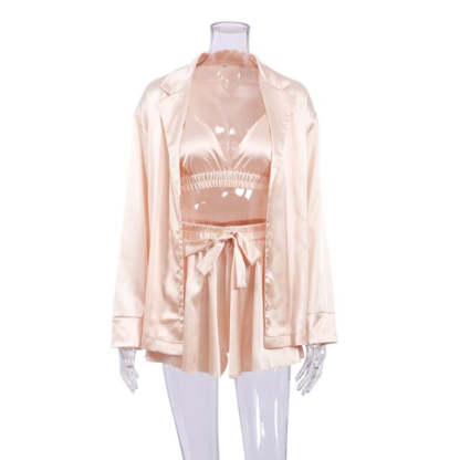 Women 3 Pieces Pajamas Crop Top Shorts Sleepwear Luxury-Original Pajamas
