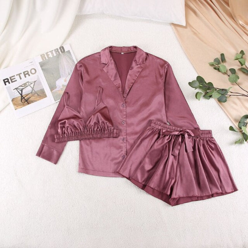 Women 3 Pieces Pajamas Crop Top Shorts Sleepwear Luxury-Original Pajamas