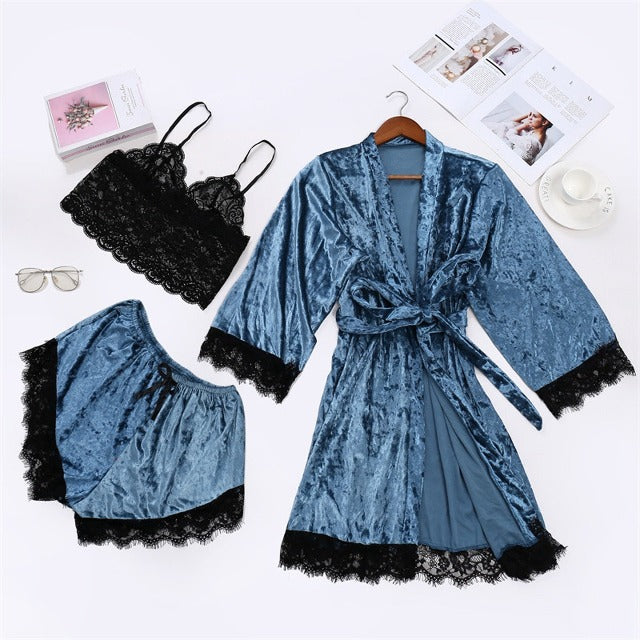 Winter Velvet 3 Piece Pj Set Lace Sling Warm Robe-Original Pajamas