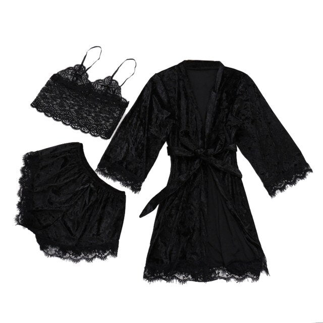 Winter Velvet 3 Piece Pj Set Lace Sling Warm Robe-Original Pajamas
