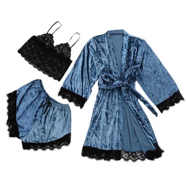 Winter Velvet 3 Piece Pj Set Lace Sling Warm Robe-Original Pajamas