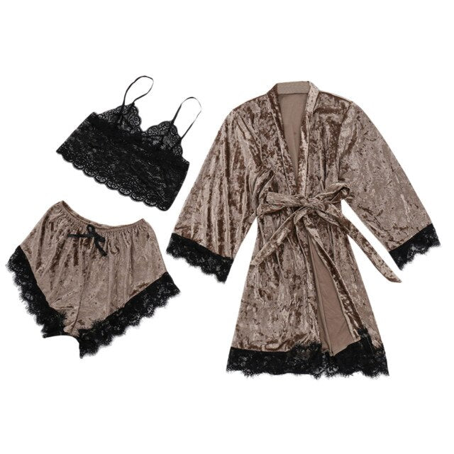 Winter Velvet 3 Piece Pj Set Lace Sling Warm Robe-Original Pajamas