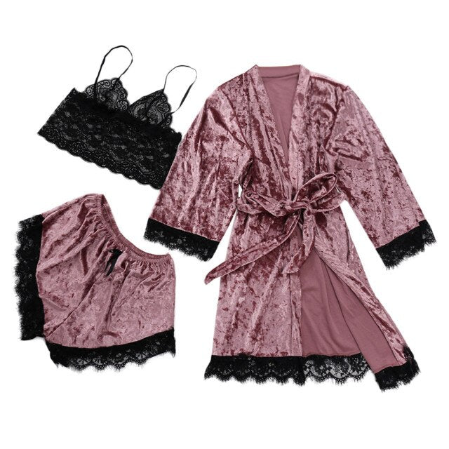 Winter Velvet 3 Piece Pj Set Lace Sling Warm Robe-Original Pajamas