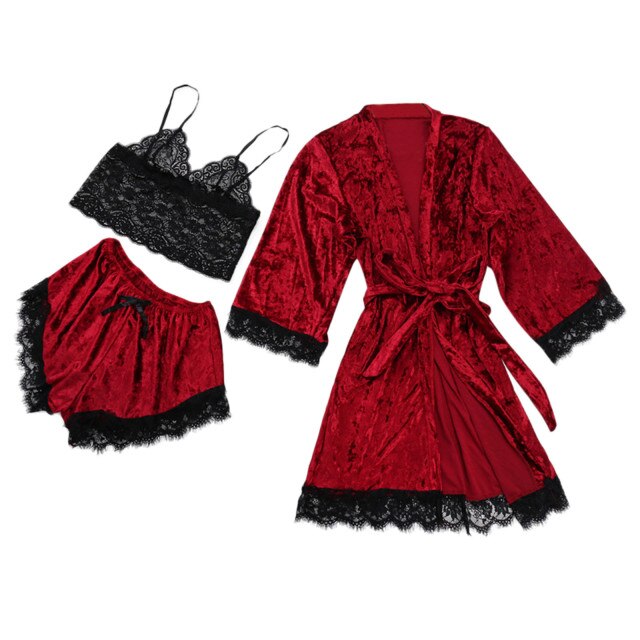 Winter Velvet 3 Piece Pj Set Lace Sling Warm Robe-Original Pajamas
