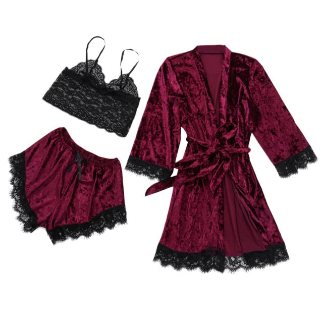 Winter Velvet 3 Piece Pj Set Lace Sling Warm Robe-Original Pajamas