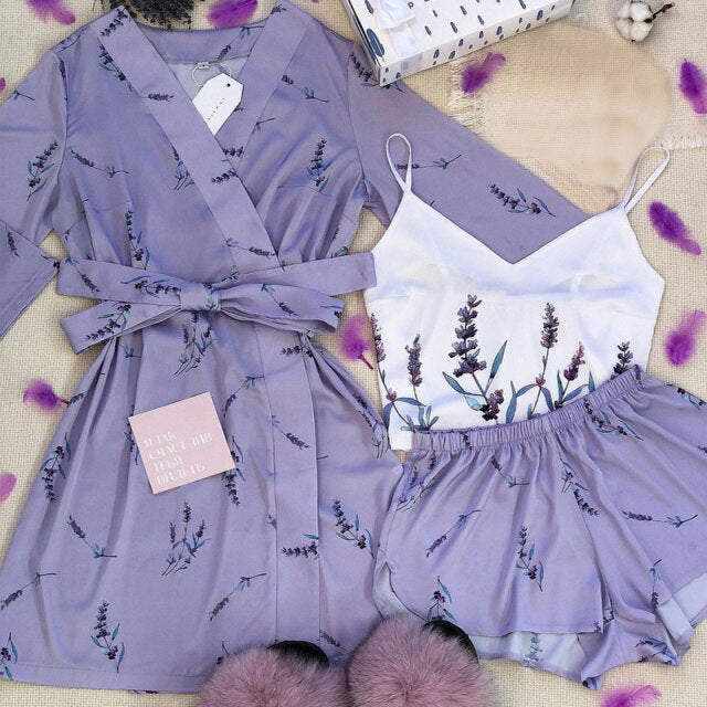 3 Piece Pajama Set Womens Kimono Bathrobe Satin-Original Pajamas