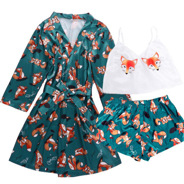 3 Piece Pajama Set Womens Kimono Bathrobe Satin-Original Pajamas