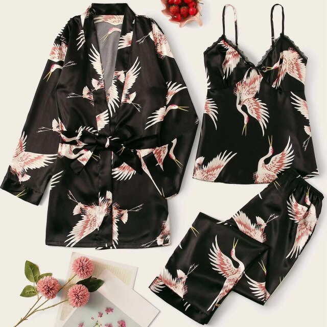 3 Piece Pajama Set Womens Kimono Bathrobe Satin-Original Pajamas