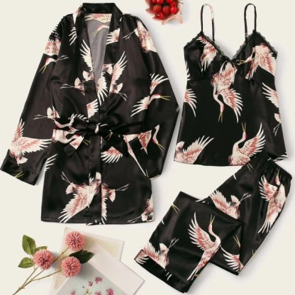 3 Piece Pajama Set Womens Kimono Bathrobe Satin-Original Pajamas