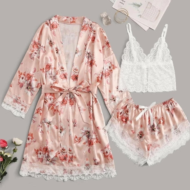 3 Piece Pajama Set Womens Kimono Bathrobe Satin-Original Pajamas