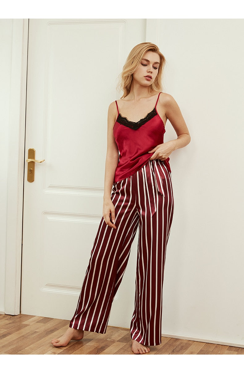 3 Piece Pj Set Womens Stripe Long Sleeve Sleepwear-Original Pajamas