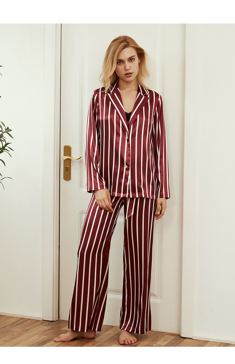 3 Piece Pj Set Womens Stripe Long Sleeve Sleepwear-Original Pajamas
