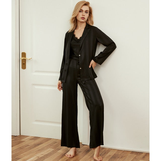 3 Piece Pj Set Womens Stripe Long Sleeve Sleepwear-Original Pajamas