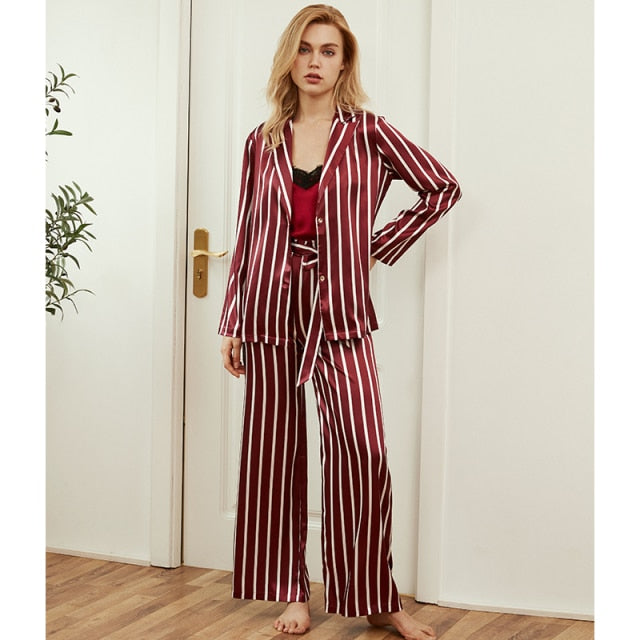 3 Piece Pj Set Womens Stripe Long Sleeve Sleepwear-Original Pajamas