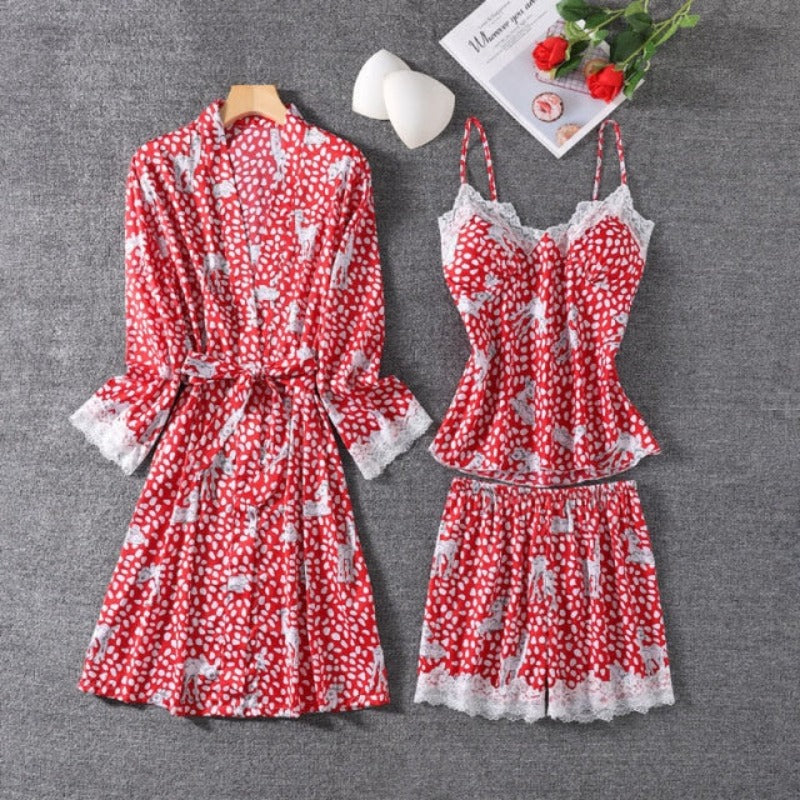 The V-Neck Dot Printed 3 Piece Pajama Set-Original Pajamas
