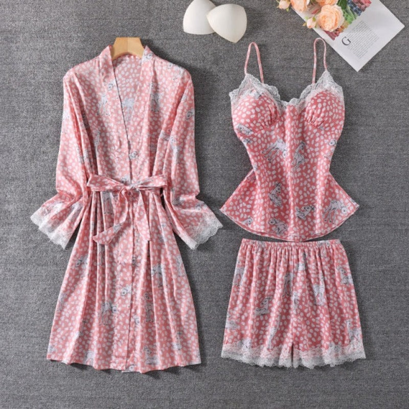 The V-Neck Dot Printed 3 Piece Pajama Set-Original Pajamas