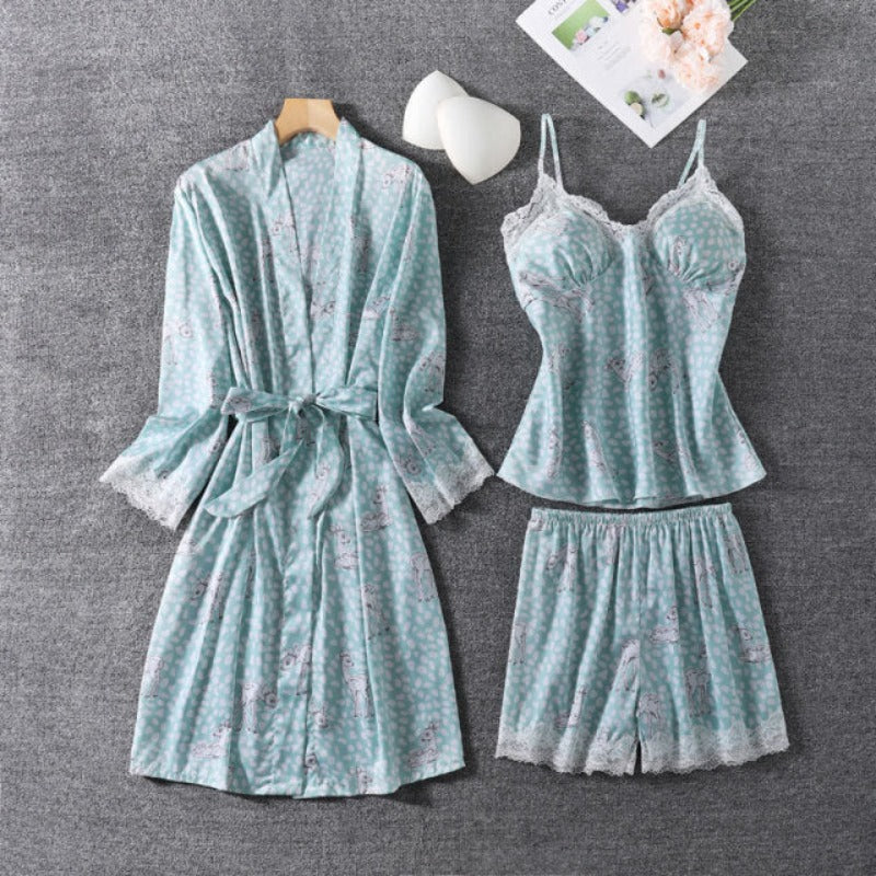 The V-Neck Dot Printed 3 Piece Pajama Set-Original Pajamas