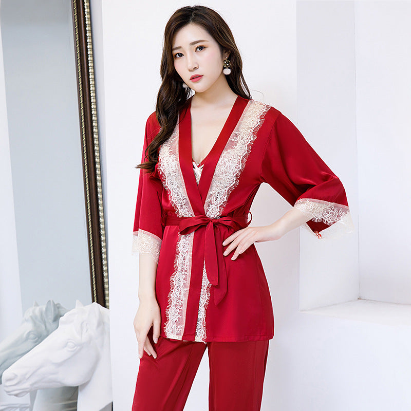 The V-Neck 3 Piece Long Pajama Set Original Pajamas-Original Pajamas