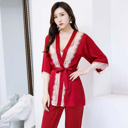 The V-Neck 3 Piece Long Pajama Set Original Pajamas-Original Pajamas