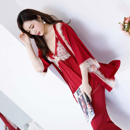 The V-Neck 3 Piece Long Pajama Set Original Pajamas-Original Pajamas