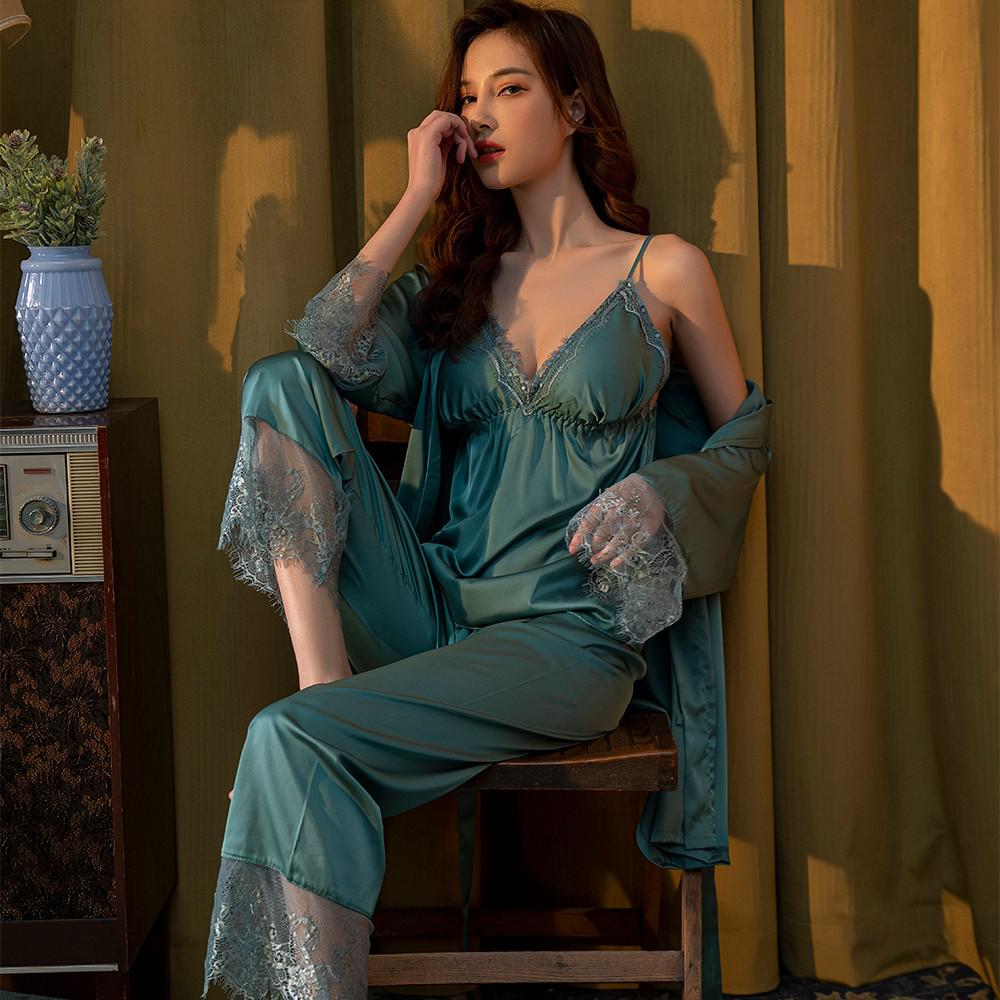 The Solid Silk Long Pajama Set 3 Piece Pajamas Women-Original Pajamas