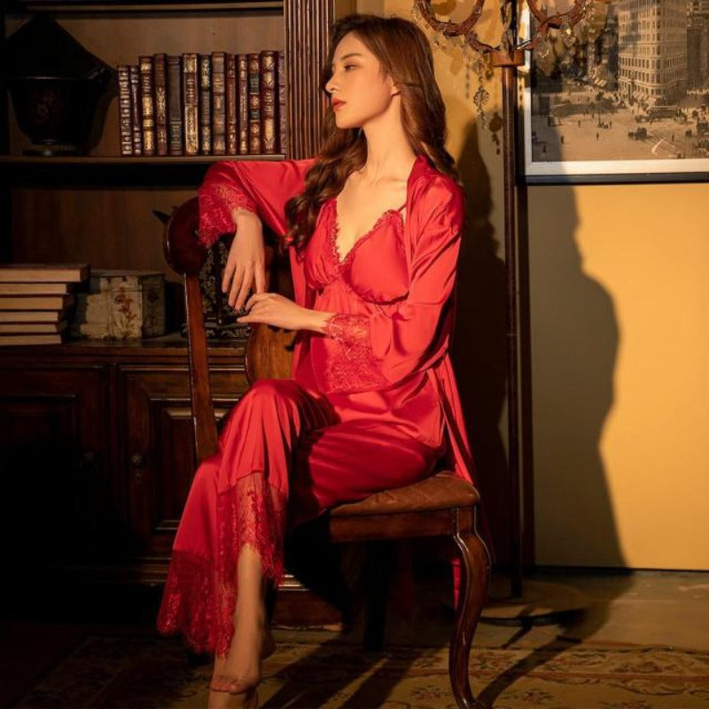 The Solid Silk Long Pajama Set 3 Piece Pajamas Women-Original Pajamas