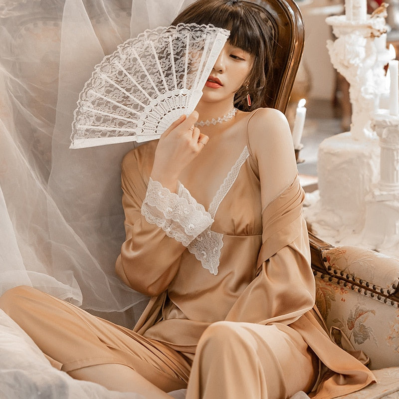 Champagne Polyester Pajamas 3 Pieces Kimono Bathrobe-Original Pajamas