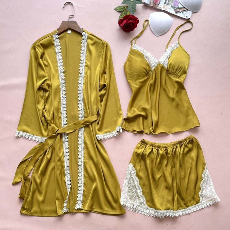 Women Satin Lace Summer Sleepwear 3 Piece Pajamas-Original Pajamas