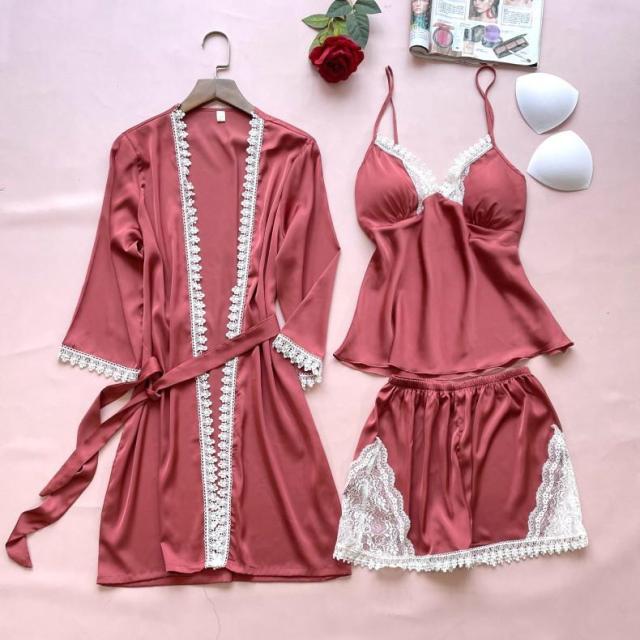 Women Satin Lace Summer Sleepwear 3 Piece Pajamas-Original Pajamas