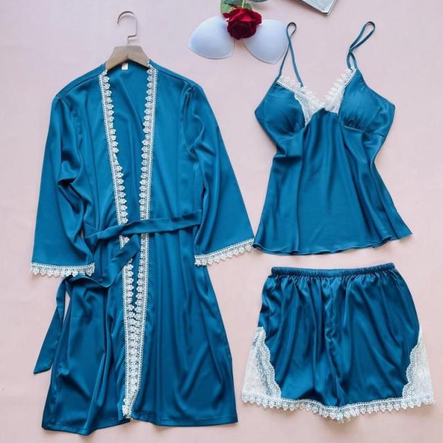 Women Satin Lace Summer Sleepwear 3 Piece Pajamas-Original Pajamas
