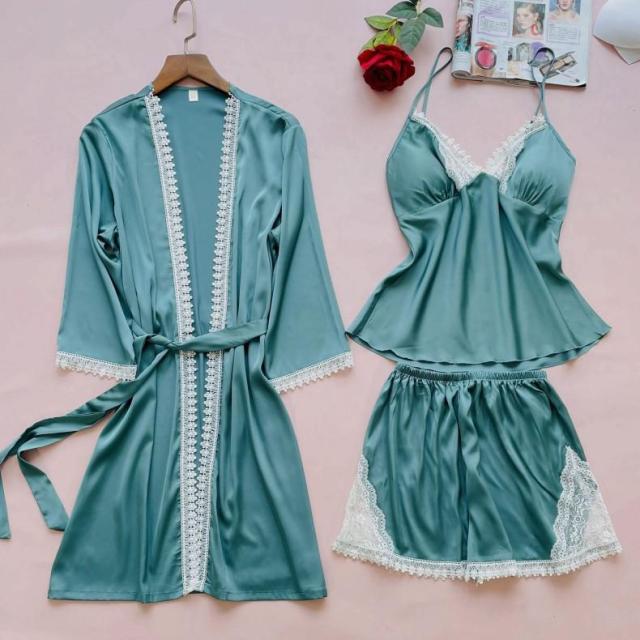Women Satin Lace Summer Sleepwear 3 Piece Pajamas-Original Pajamas