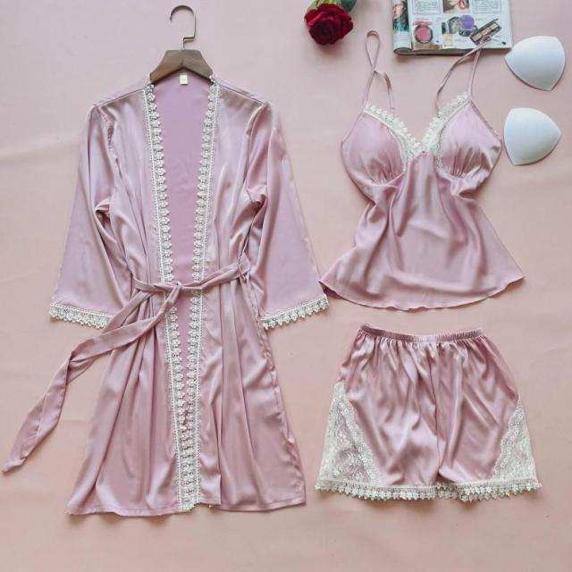 Women Satin Lace Summer Sleepwear 3 Piece Pajamas-Original Pajamas