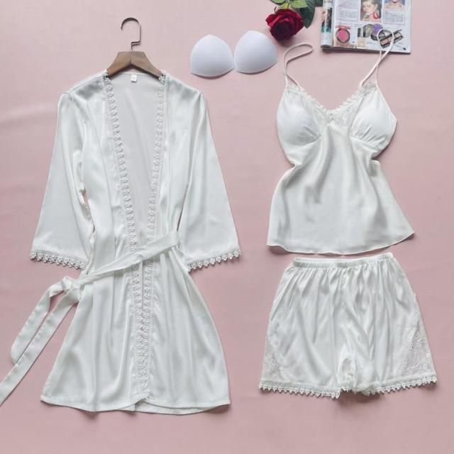 Women Satin Lace Summer Sleepwear 3 Piece Pajamas-Original Pajamas