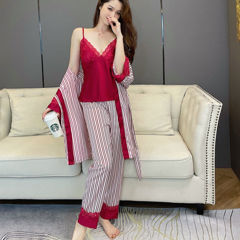 The Long Striped 3 Piece Pajama Set Comfy Sleepwear-Original Pajamas