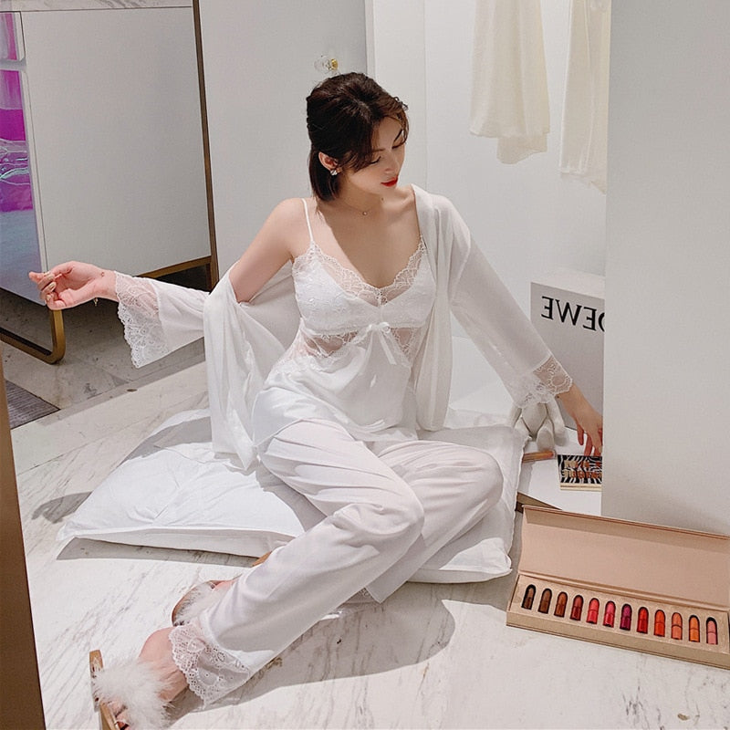 Lace V-Neck 3 Piece Pajamas Sleep Sets Women Outfits-Original Pajamas