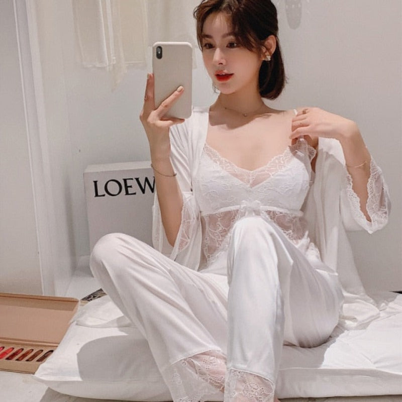 Lace V-Neck 3 Piece Pajamas Sleep Sets Women Outfits-Original Pajamas