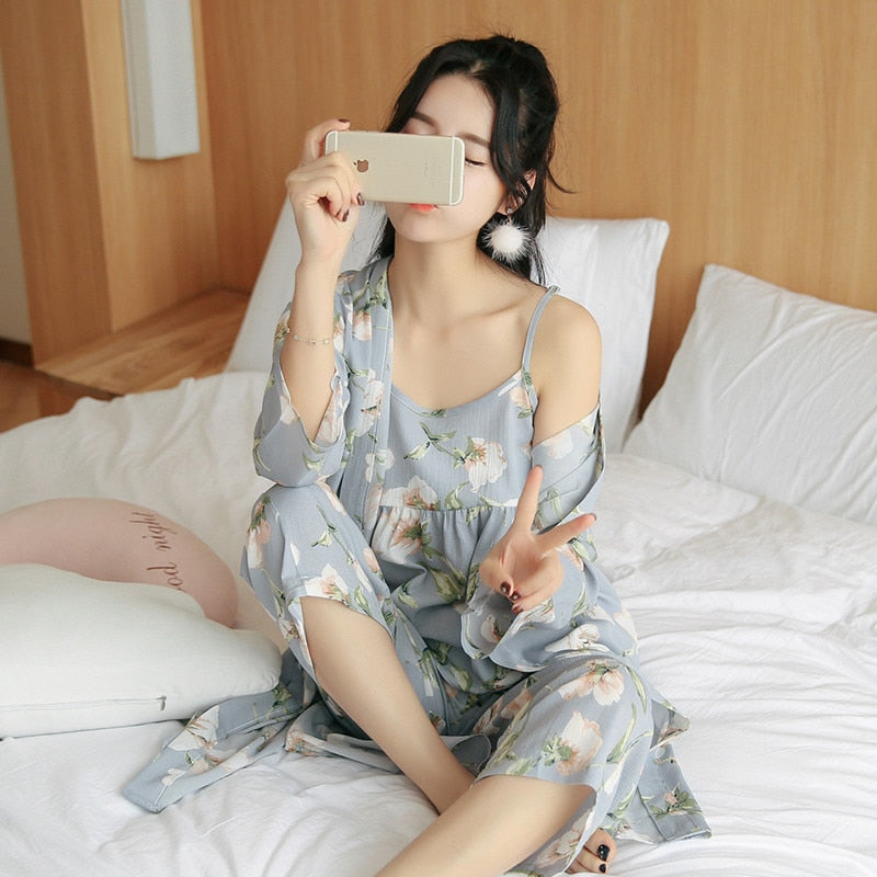 3 Piece Pajamas Floral Printed Autumn Robe Sleep Wear-Original Pajamas