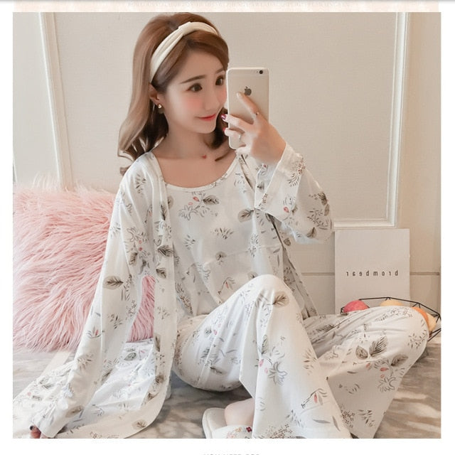 3 Piece Pajamas Floral Printed Autumn Robe Sleep Wear-Original Pajamas