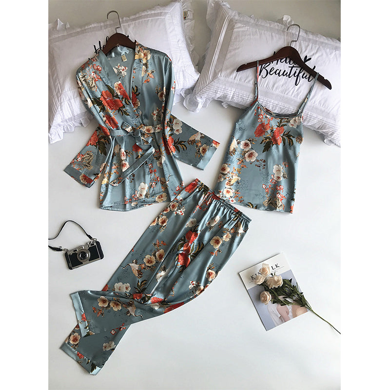 3 Piece Satin Flower Print Nightwear Pajama and Robe set-Original Pajamas