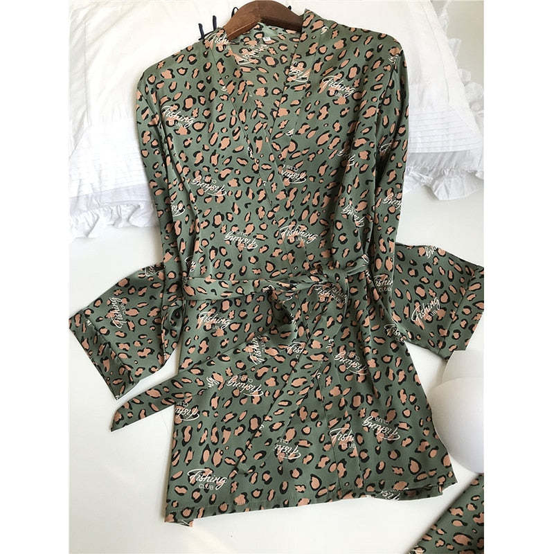3 Piece Satin Flower Print Nightwear Pajama and Robe set-Original Pajamas
