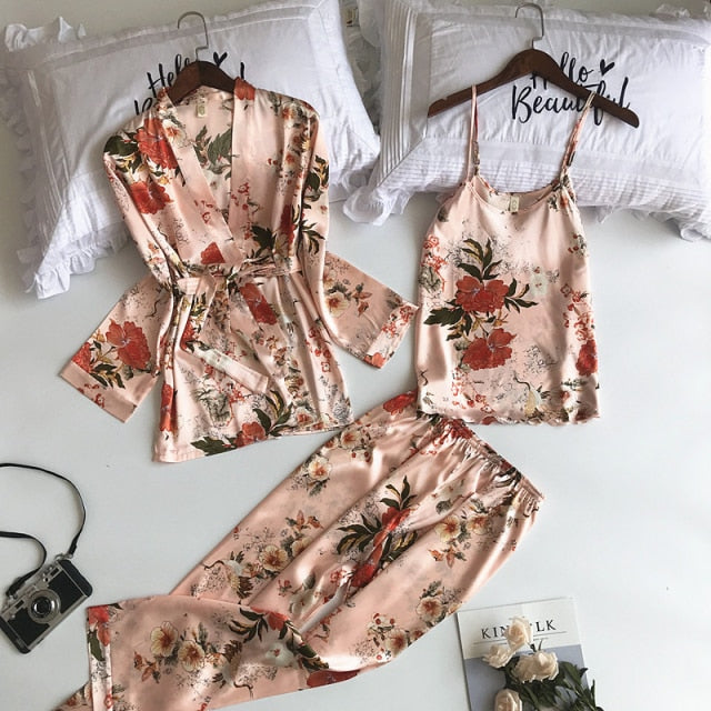 3 Piece Satin Flower Print Nightwear Pajama and Robe set-Original Pajamas
